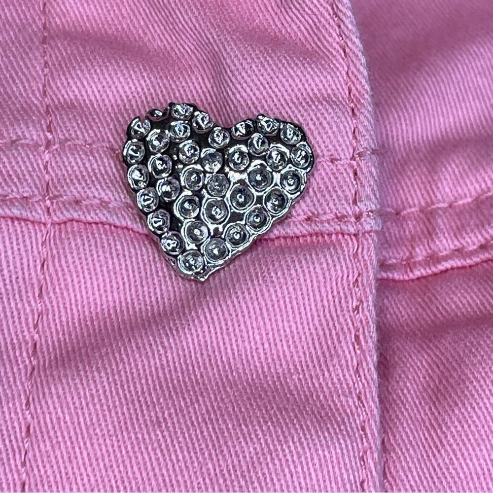 Quacker Factory Denim Button Down Jacket Distressed Rhinestone Hearts Pink S - Picture 7 of 15